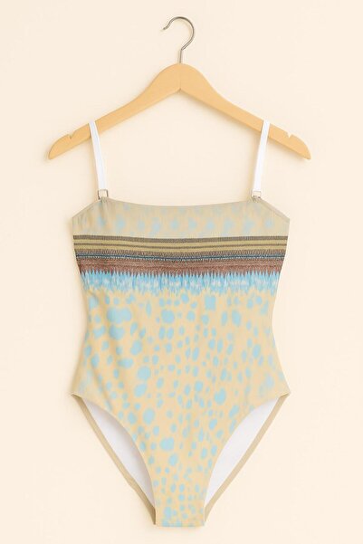 RAPAPA Women's Ethnic Patterned Beige–Blue One-Piece Swimsuit – Modern and Natural Elegance 0015-2