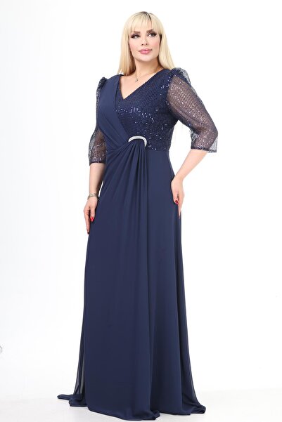 Ladies First Büyük Beden 3874 Lacivert Uzun Abiye Elbise