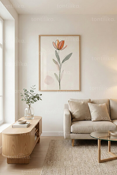 Tontilika Soft Minimal Çiçek İllüstrasyonu Dekoratif Ahşap Çerçeveli Tablo – ...