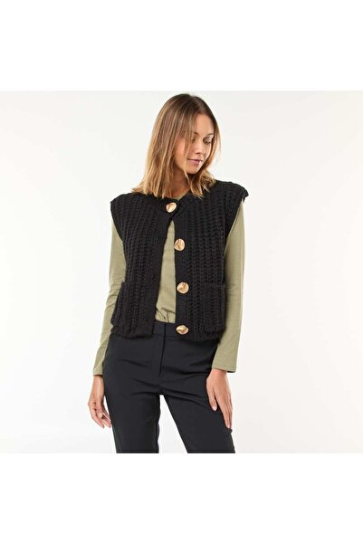 KİABİ Sleeveless Cardigan with Large Hammered Button Opening BLACK
