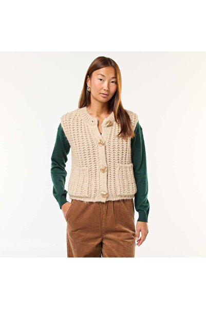 KİABİ Sleeveless Cardigan with Large Hammered Button Opening BEIGE