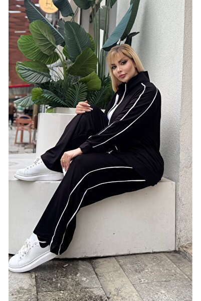 Butik Nilyam Γυναικείο Σετ Φούτερ Ζακέτα Μεγάλου Μεγέθους Διπλό διακοσμητικό ρέλι ελαστικό ύφασμα 25080