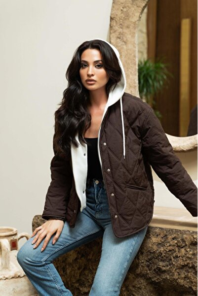 LEVURE Women's Hooded Garni Detailed Quilted Coat Brown