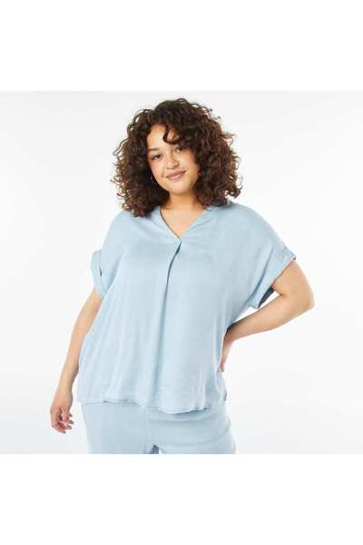 KİABİ Blouse with mandarin collar and short roll-up sleeves BLUE