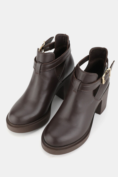 TUNAELLİ Women's Brown Genuine Natural Leather Size 36-41 Thick Heel Buckle Boots & Booties