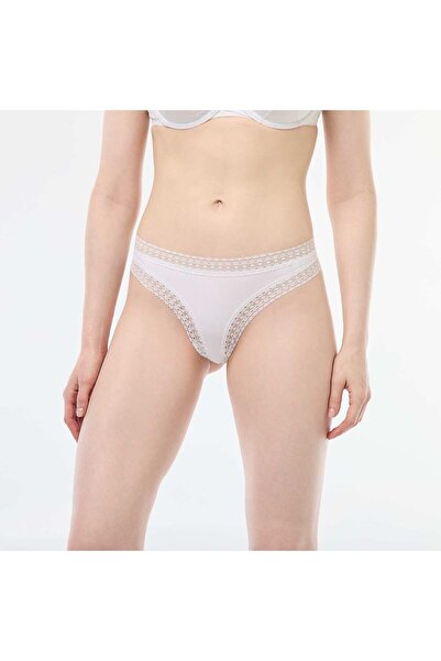 KİABİ Ribbed tanga with lace trim WHITE