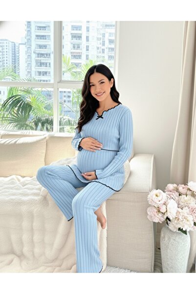 Miss Dünya Lissa Yumoş Textured Maternity & Postpartum Comfort Pajama Set with Adjustable Waist Support, Suitable for Breastfeeding
