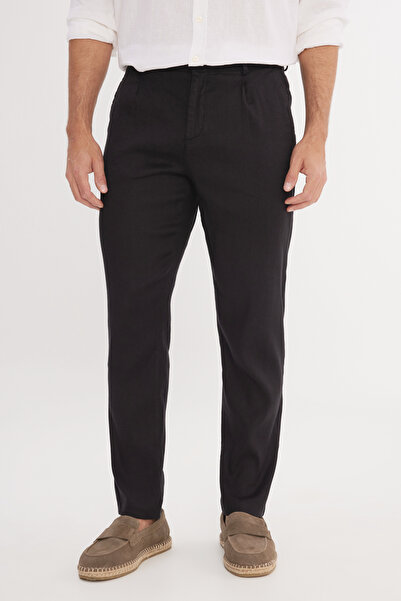 ALTINYILDIZ CLASSICS Men's Black Linen Slim Fit Slim Fit Elastic Waist Side Pocket Stretchable Trousers