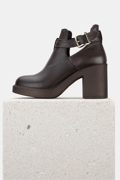 TUNAELLİ Women's Brown Genuine Natural Leather Size 36-41 Thick Heel Buckle Boots & Booties