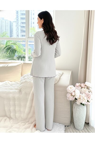 Miss Dünya Lissa Yumoş Textured Maternity & Postpartum Comfort Pajama Set with Adjustable Waist Support, Suitable for Breastfeeding