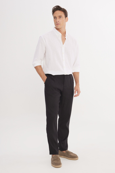 ALTINYILDIZ CLASSICS Men's Black Linen Slim Fit Slim Fit Elastic Waist Side Pocket Stretchable Trousers