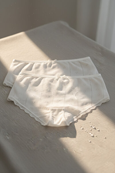 Altınay Luxury Lace Jacquard 100% Cotton 2-Piece Women's White Bato Panties Jak2A
