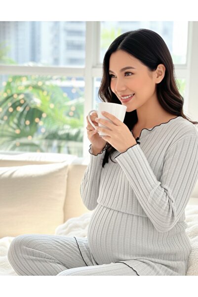 Miss Dünya Lissa Yumoş Textured Maternity & Postpartum Comfort Pajama Set with Adjustable Waist Support, Suitable for Breastfeeding