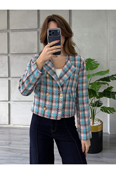 Coral Çift Sıra Düğmeli Kaşe Ceket 5042 Pudra - Mavi