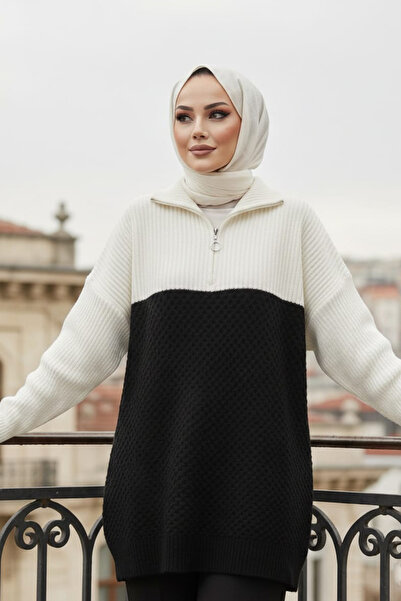 N.S NEVA STYLE Blok Renkli Siyah Tesettür Triko Kazak Tunik 87501S
