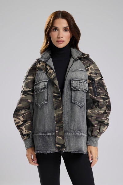 tw3 Jachetă pentru femei din denim și țesătură de camuflaj cu secțiuni Design supradimensionat