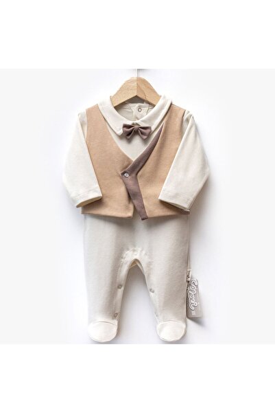 bebegen Erkek Bebek Ekru Kahve Papyonlu Kendinden Yelekli Patikli Lüks Tulum