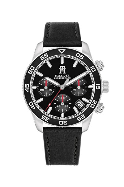 Tommy Hilfiger Ρολόι χρονογράφου TH85 για άνδρες με μαύρο δερμάτινο καντράν 41 χιλ.