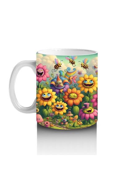 Wisdom Rain Mug with Smiling Flowers and Flying Bees Pattern That Makes Children Love Milk
