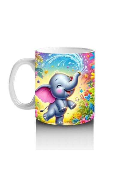 Wisdom Rain Joyful Elephant Patterned Mug with Splashing Water between Flowers That Make Children Love Milk