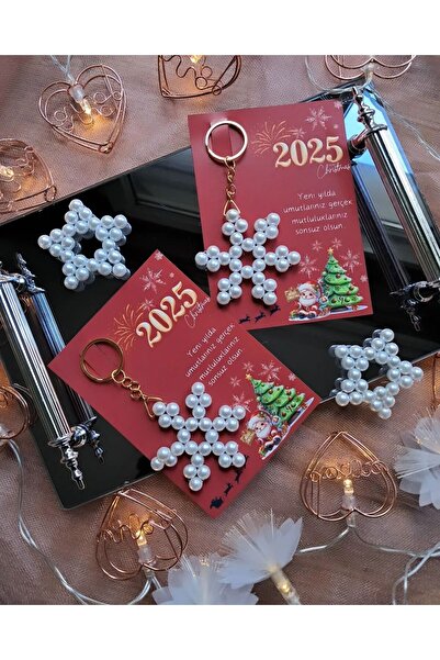 BERİLLAY 5 Adet Yeni Yılınız Kutlu Olsun Kartlı Hediyelik Anahtarlık - İnci K...