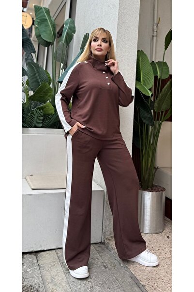 Butik Nilyam Γυναικείο σετ μεγάλου μεγέθους με γυριστό γιακά με ρίγες στο πλάι από ύφασμα Modal ελαστικό μαλακό με υφή - Σετ επάνω μέρος 25092