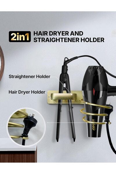 GRT PRO Hair Dryer and Straightener Holder Wall Mounted - Metal Cable Tidy Rack (Gold)