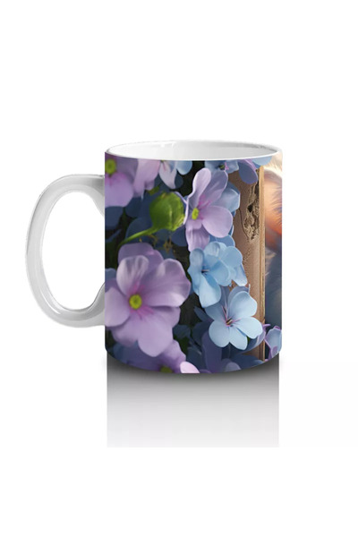 Wisdom Rain White Cat with Green Eyes Shining among Purple Flowers Mug