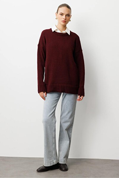 Mizalle Yuvarlak Yaka Oversize Bordo Triko Kazak