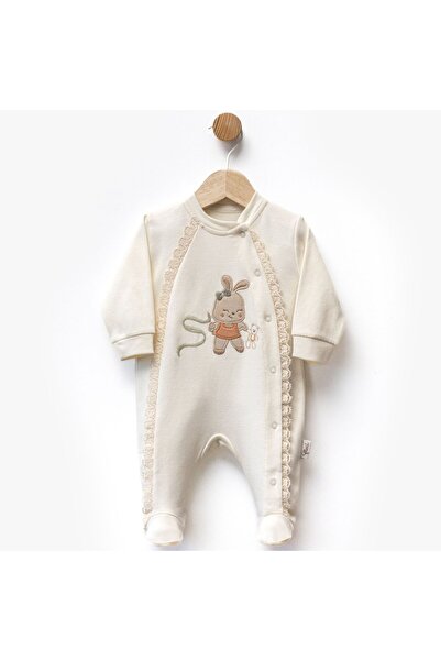 bebegen Baby Girl Ecru Ruffled Rabbit Patterned Snap-On Booties Romper