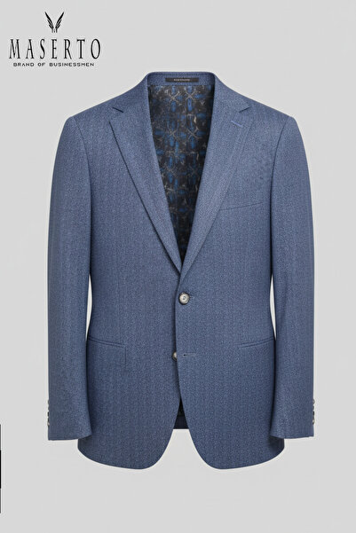 MASERTO İndigo Mavi Melanj Dokulu Slim Fit İtalyan Kesim Erkek Blazer Ceket