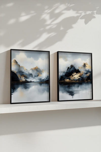 STARYUNA Set of 2 Paintings with Watercolor Effect Mountain Landscape Black Wooden Frame Yuna444