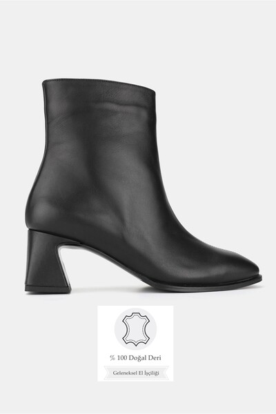 TUNAELLİ Women's Black Genuine Natural Leather Size 35-41 Thick Heel Square Toe Boots & Booties