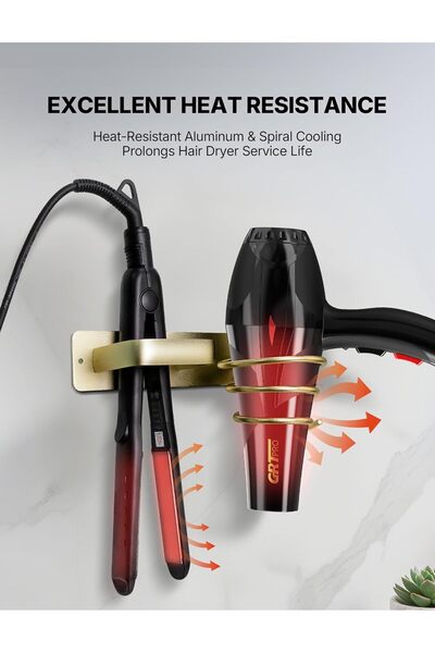 GRT PRO Hair Dryer and Straightener Holder Wall Mounted - Metal Cable Tidy Rack (Gold)