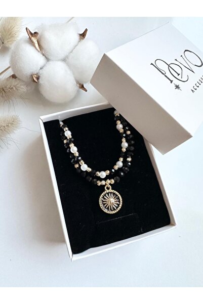 NevoAccessory Gray Beaded Gold Four-Leaf Stone Necklace – Stylish and Elegant Design