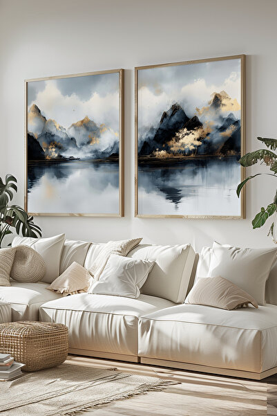 STARYUNA Set of 2 Landscape Paintings with Wooden Frame and Watercolor Effect Mountain Scenery Yuna444
