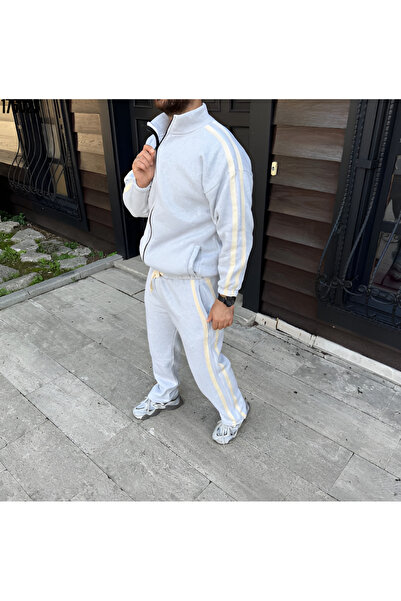 Butik Men's Double Stripe Tracksuit Set Mock Neck Zippered Sweatshirt