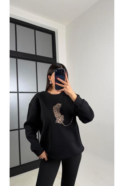 Gaus Black Leopard Embroidered Fleece-Lined Sweatshirt Gaus-00796