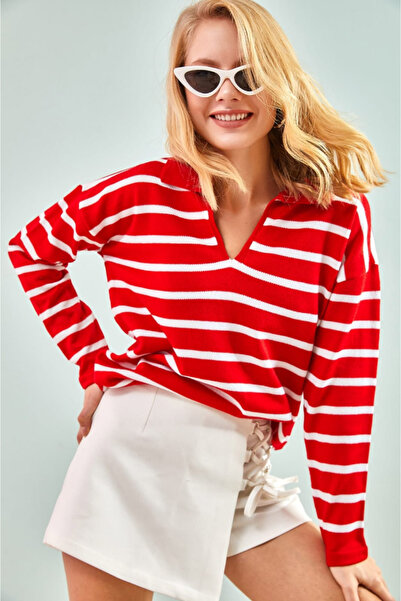 BLUSS Women's Red and White Striped Polo Neck Knitwear Sweater Slim Knit Long Sleeve