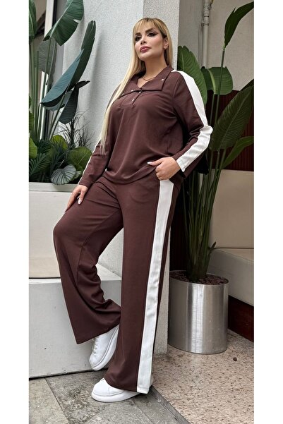 Butik Nilyam Γυναικείο σετ μεγάλου μεγέθους με γυριστό γιακά με ρίγες στο πλάι από ύφασμα Modal ελαστικό μαλακό με υφή - Σετ επάνω μέρος 25092