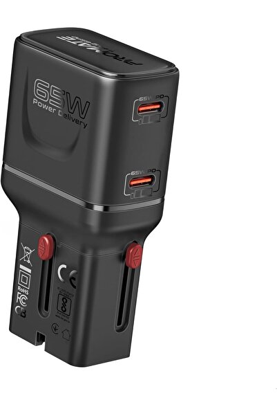 Promate TriPlug-65PD 65W GaNFast Travel Charger, Dual USB-C PD with PPS