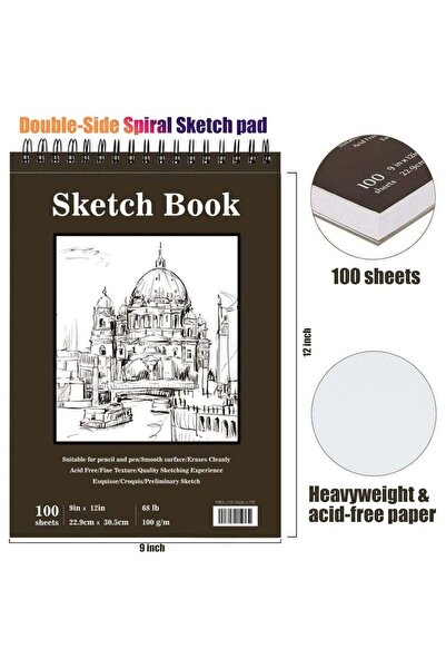 Beauenty 100-Sheets Sketch Book 9 x 12 inches Double-side Spiral Sketch Pad (68lb/100gsm)