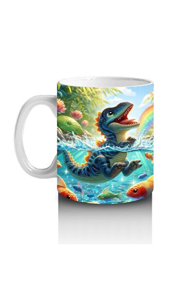 Wisdom Rain Dinosaur and Fish Patterned Mug Cup Floating in a Pond That Makes Children Love Milk