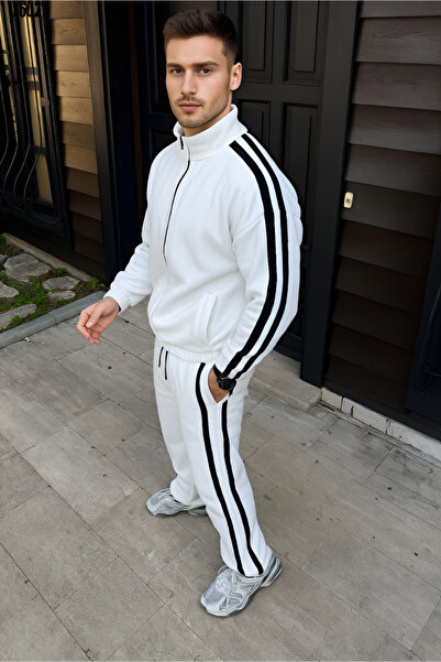 Butik Men's Double Stripe Tracksuit Set Mock Neck Zippered Sweatshirt