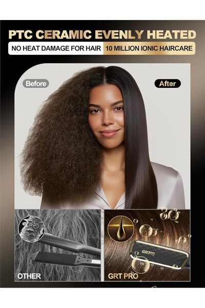 GRT PRO Hair Straightener Brush 2-in-1 (PTC Ceramic, 30 Temp 80–230°C, LED) - Black