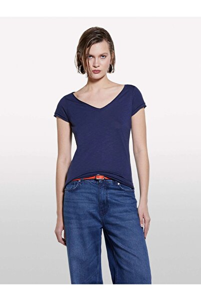 Sisley Cotton Modal Blend Regular Fit V-Neck Slub T-Shirt Women's Dark Blue T-Shirt - 325P3Tnhl4007