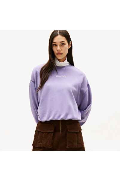 Tommy Hilfiger Kadın Pamuklu Rahat Kalıp Yuvarlak Yakalı Düşük Omuzlu Mor Swe...