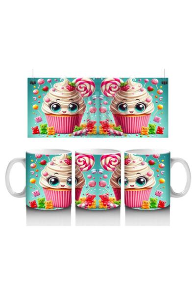 Wisdom Rain Colorful Cupcake and Candy Patterned Mug with Smiling Eyes That Makes Children Love Milk