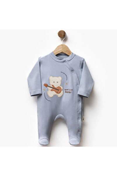 bebegen Baby Boy Blue Guitar Teddy Bear Patterned Snap-On Booties Jumpsuit