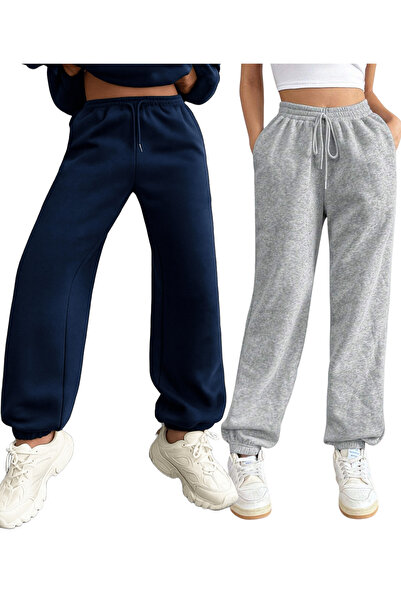 NAKRUF Γυναικείο ζευγάρι φούτερ με ψηλόμεσο γκρι-μπλε χρώμα με βαμβακερή επένδυση